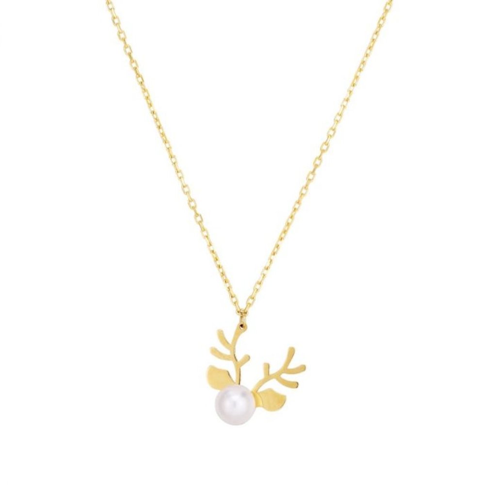 14K Gold Reindeer Pearl Necklace